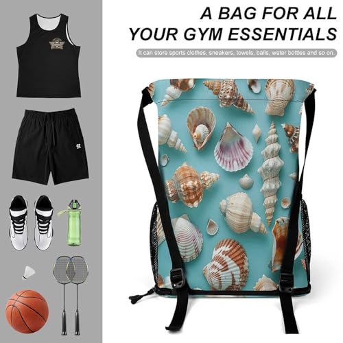Drawstring Gym Backpack with Shoe Compartment And Wet Pocket, 28L Lightweight Waterproof Various Shell Patterns Sports Backpack for Workout Swim Beach Travel String Bag for Men Women