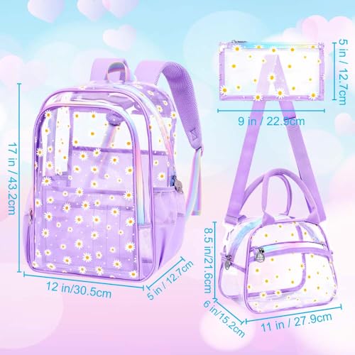 gxtvo 3PCS See Through Backpack Heavy-Duty Set for Women & Teen Girls, 17" Purple Transparent Bookbag with Rainbow Strap, Cute Chrysanthemum Clear School Bag - color: Purple Chrysanthemum Clear Backpack Set