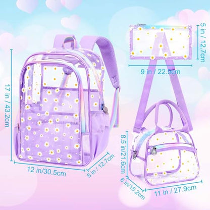 gxtvo 3PCS See Through Backpack Heavy-Duty Set for Women & Teen Girls, 17" Purple Transparent Bookbag with Rainbow Strap, Cute Chrysanthemum Clear School Bag - color: Purple Chrysanthemum Clear Backpack Set