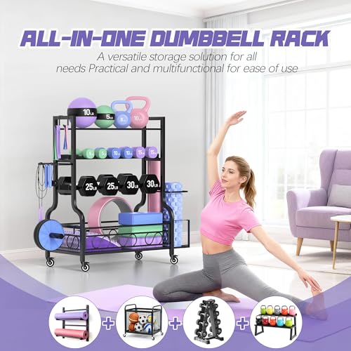 PARTPHONER Dumbbell Weight Rack, Home Gym Storage for Kettlebells Yoga Mat and Balls, All in One Workout Storage with Wheels and Hooks, Powder Coated Finish Steel - size: 39"(L)x15.8"(W)x39.8"(H)