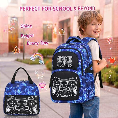 3PCS Kids Backpack Set, School Backpack with Lunch Bag & Pencil Case, Lightweight Waterproof Bookbag for Kids (Gamer Blue) - color: Gamer Blue