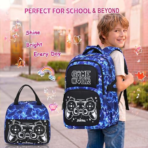 3PCS Kids Backpack Set, School Backpack with Lunch Bag & Pencil Case, Lightweight Waterproof Bookbag for Kids (Gamer Blue) - color: Gamer Blue