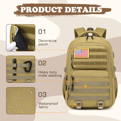 Camo Backpack for Boys, Tactical Boys Backpack with Lunch Box Pencil Case, Kids Backpacks with USB Charging Port, Military Army School Bookbag for Teen Boy Elementary Middle High School Camp - color: Brown