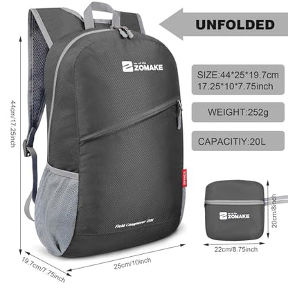 ZOMAKE Lightweight Packable Backpack 20L,Foldable Backpacks Small Daypack for Hiking Water Resistant Day Bag for Travel(Medium Grey) - color: Medium Grey