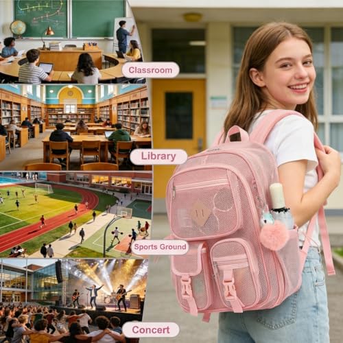 Mesh Backpack for Girls Boys, Heavy Duty Semi-Transparent Mesh Bookbag Womens Mens Mesh Backpacks for School, Sports, Beach, Swimming, Travel - Light Pink - color: Light Pink