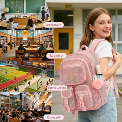 Mesh Backpack for Girls Boys, Heavy Duty Semi-Transparent Mesh Bookbag Womens Mens Mesh Backpacks for School, Sports, Beach, Swimming, Travel - Light Pink - color: Light Pink