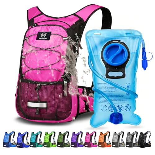 Mothybot Insulated Hydration Backpack Pack with 3L BPA Free Leak Proof Water Bladder, Large Storage Lightweight Hiking Daypack with Waist Pouches & Cooler Layer, for Running, Biking, Camping, Festival - color: Pink