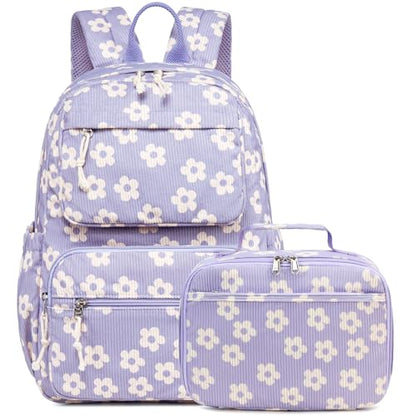 Bluboon Backpack for Girls Kids Preschool Backpack with Lunch Box Kindergarten Bookbag Toddler School Bags Set - color: Beige Flower Purple