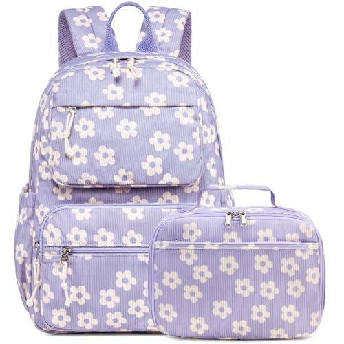 Bluboon Backpack for Girls Kids Preschool Backpack with Lunch Box Kindergarten Bookbag Toddler School Bags Set - color: Beige Flower Purple