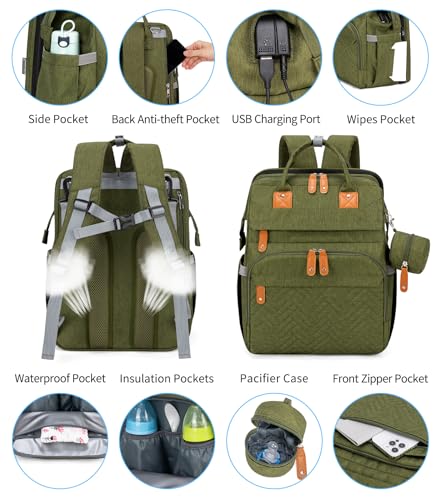 KABAQOO Diaper Bag Backpack with Detachable Changing Station, Large Capacity Baby Diaper Bags for Boys & Girls, Baby Registry Search Stuff & Shower Gifts, Newborn Essentials Must Haves, Army Green - color: Army Green