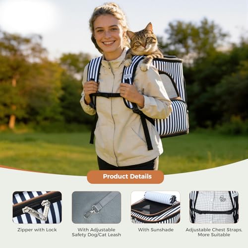 Lekereise Pet Carrier Backpack Expandable Cat Backpack for Small Dogs Cats, Dog Backpack Bag with Breathable Mesh and Inner Safety Leash, Striped - color: Stripes, size: 24.4"L x 14"W x 16.2"H