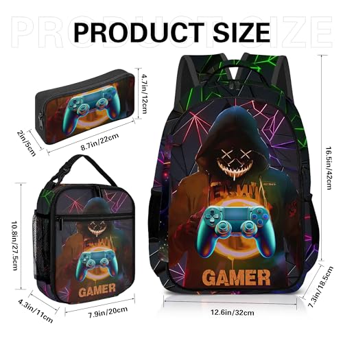 Boys Backpack with Lunch Box and Pencil Case, 3Pcs Gamer Backpack for Boys Teens, 17 Inch Large Capacity - color: GAME-HMWJ-3