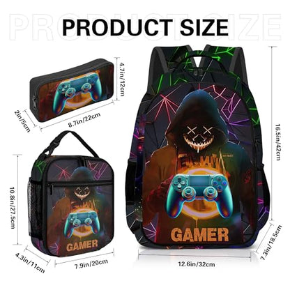 Boys Backpack with Lunch Box and Pencil Case, 3Pcs Gamer Backpack for Boys Teens, 17 Inch Large Capacity - color: GAME-HMWJ-3