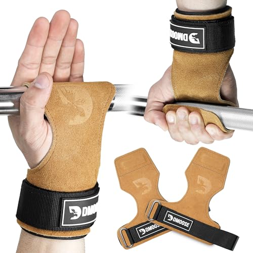 DMoose Fitness Weight Lifting Hooks (Pair) for Deadlifts, Pull Ups, Rows & Shrugs - Anti-Rip Nylon Strap Hand Grips with Thick Wrist Padding - Heavy Duty Wrist Straps for Weightlifting & Gym Workouts - color: Brown Lifting Grip