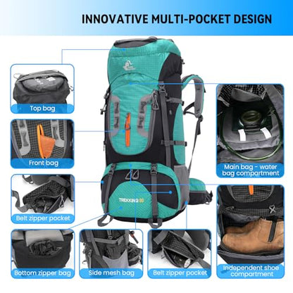Bseash 80L Waterproof Hiking Camping Backpack with Rain Cover, Lightweight Outdoor Sport Travel Daypack for Climbing Touring (Lake Green) - color: Lake Green