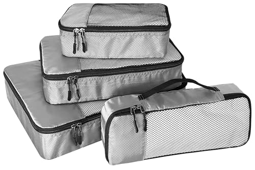 WTREE 4-Piece Packing Cubes Travel Accessories Set for Suitcases - Luggage Organizer Bags with Double Zipper - Mesh Top - Small/Medium/Large/Slim - Grey - color: Grey, size: Slim, Small, Medium, Large