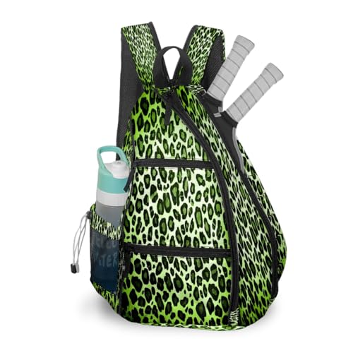 Pickleball Bag for Women & Men – Lightweight Sports Backpack with Paddle Compartments, Dual Carry Modes, Detachable Zippered Strap, Brown Leopard, Great Gift Option for Players - color: Green Leopard