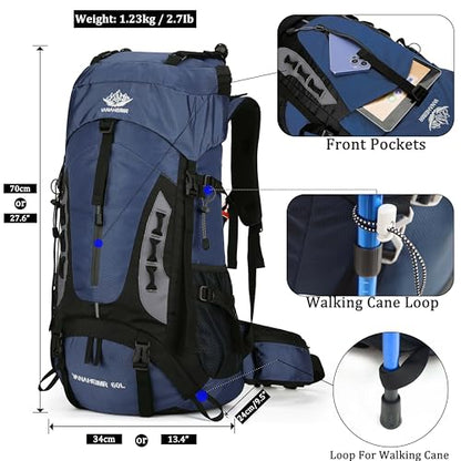 YFREAL 60L Travel Hiking Camping Backpack with Rain Cover,Backpack Water Resistant,Climbing Backpack for Men Women (DEEP BLUE) - color: Deep Blue
