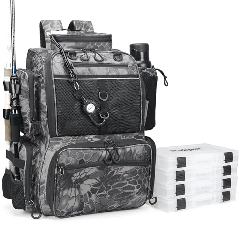 Rabjen Fishing Tackle Backpack with Rod Holders, Bottle Holder, Storage Bag Store Fishing Gear - color: Camouflage Black