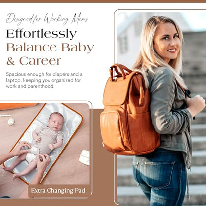 Citi Collective Explorer Brown Diaper Bag Backpack - Vegan Leather Diaper Bag with Shoulder Strap, Insulated Bottle Pockets, Changing Pad, Stroller Clip- Versatile Diaper Bag for Baby - color: Brown