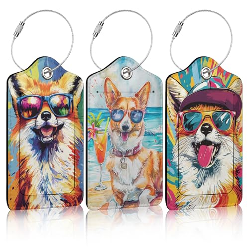 3 Pack Colorful Dog Sunglasses Luggage Tags for Suitcase Animal PU Leather Travel Luggage Tag Privacy Cover ID Label for Women Men Baggage Backpack Handbag School Bag - color: Dog Sunglasses