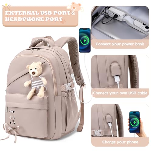 ACESAK School Backpack for Girls - 3 PCS Cute Girls Backpack with Lunch Box & Pencil Case - Kawaii Casual Kids Bookbag School Bag Daypacks Set for Elementary Middle High School Student Teens (Khaki) - color: Khaki