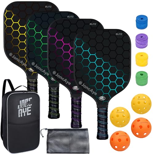 JoncAye Pickleball Paddles Set of 4 or 2, USAPA Approved Fiberglass Rackets with Outdoor Indoor Balls, Bag, Overgrip, Lightweight for Family, Professional Equipment for Beginners Intermediate - color: Blue Pink Green Yellow