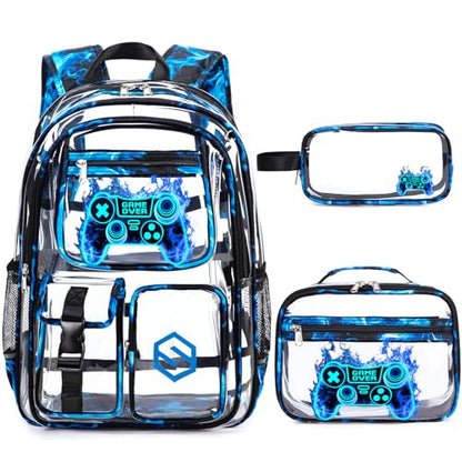 DIGOBAY 3PCS Cool Luminous Clear Backpack for Boys Kids, Gamer Clear Bookbag for School, See Through PVC Transparent Backpacks with Lunch Bag Pencil Case, Backpack Heavy Duty for School Stadium - color: Blue Flame