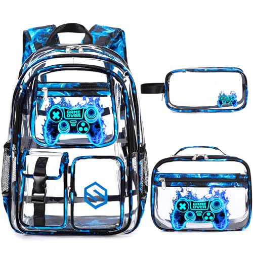DIGOBAY 3PCS Cool Luminous Clear Backpack for Boys Kids, Gamer Clear Bookbag for School, See Through PVC Transparent Backpacks with Lunch Bag Pencil Case, Backpack Heavy Duty for School Stadium - color: Blue Flame