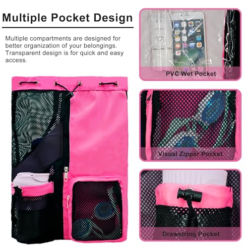 Mesh Beach Backpack with Wet Pocket Drawstring Pool Bag Waterproof Swimming Bag Gym Backpack for Men & Women - color: Rose