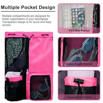Mesh Beach Backpack with Wet Pocket Drawstring Pool Bag Waterproof Swimming Bag Gym Backpack for Men & Women - color: Rose