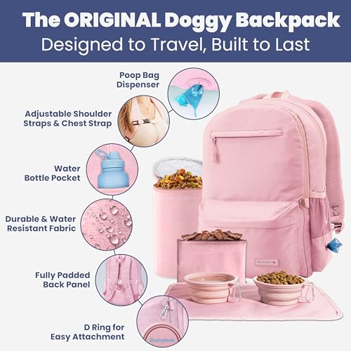 Dog Travel Bag for Supplies - Complete Dog Diaper Bag Backpack with 2 BPA-Free Travel Bowls, Treat Pouch, Food Container, Placemat & Laptop Sleeve – for Traveling, Road Trips, Hiking: Dusty Pink - color: Dusty Pink