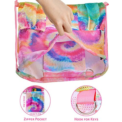 Mesh Drawstring Bag with Zipper Pocket, Beach Bag for Swimming Gear Backpack Gym Storage Bag for Adult Kids (Tie Dye) - color: Tie Dye