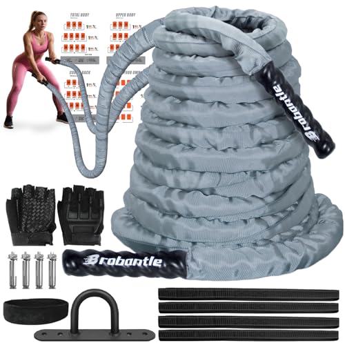 Battle Rope 1/1.26/1.5/2 Inch Diameter,Pink 30FT/40FT/50FT Exercise Workout Ropes for Home Gym Heavy Weighted Training Rope for Working Out - style: 1.5 inch 30ft-Gray