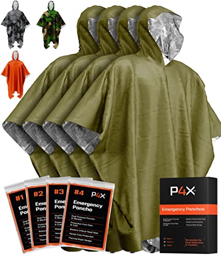 PREPARED4X Emergency Mylar Poncho – Survival Rain Poncho with Hood – Lightweight, Compact, Reusable Emergency Blanket Poncho for Hiking, Camping, Thermal Gear, Car Kit, Outdoors - color: Green 4-pack