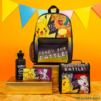 Pokemon Backpack Set 4 Pcs for Kids with Backpack Water Bottle Pencil Case and Insulated Lunch Bag or Wallet Anime School Supplies Gifts for Kids (Black/Yellow 4 Pcs Set) - color: Black/Yellow