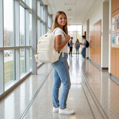 JARKJARD Cute School Backpack for Kids Teen Girls Aesthetic Lightweight Large Capacity Bookbag College Students School Bag Casual Travel Solid Color Daypack（White - color: White