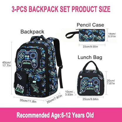 3PCS Kids Backpack Set, School Backpack with Lunch Bag & Pencil Case, Lightweight Waterproof Bookbag for Kids (Blue-Green Game) - color: Blue-green Game