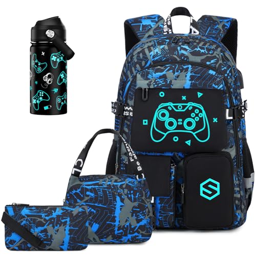 Scothen Boys Backpack, Cool Luminous Gamer School Backpacks for Boys with 14oz Insulated Water Bottle Lunch Bag Pencil Case, Kids Backpack Book Bags for Kindergarten Elementary Middle School - color: Blue