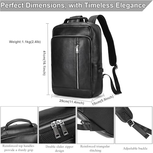 Genuine Leather 15.6 Inch Laptop Backpack for Men, Multi Pocket Slim Daypack Shoulder Bag with Trolley Sleeve for Business Travel (Black) - color: Y80&28y Black