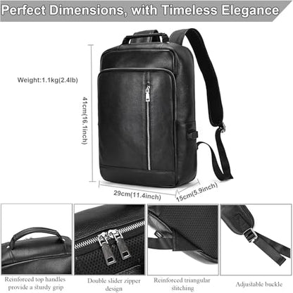 Genuine Leather 15.6 Inch Laptop Backpack for Men, Multi Pocket Slim Daypack Shoulder Bag with Trolley Sleeve for Business Travel (Black) - color: Y80&28y Black