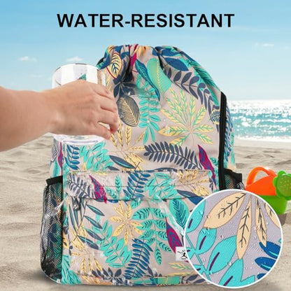 Drawstring Backpack with Mesh Pockets String Gym Bag Sackpack Sandproof Water Resistant Beach Backpack for Men Women - color: Gray Leaves