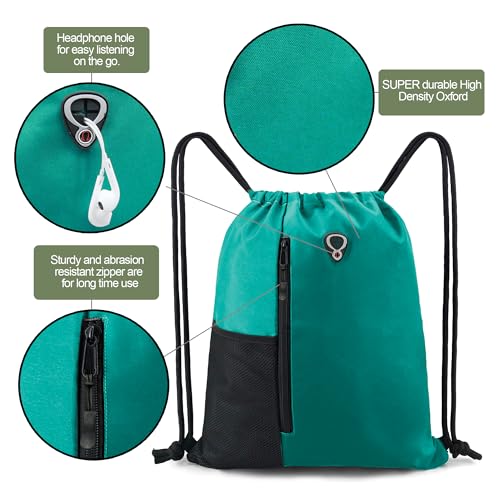 BeeGreen Marrs Green Drawstring Backpack Gym Bag For Men & Women – Sports Sackpack with Mesh Water Bottle Holder & 2 Zippered Pockets – Large 16x20 Inch Cinch String Backpack - color: Marrs Green, style: Drawstring With Mesh Pocket