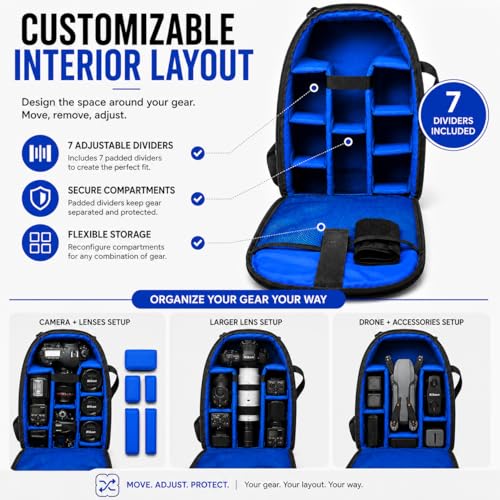 Acuvar Camera Backpack Bag for DSLR & Mirrorless Cameras – Padded Camera Case with Customizable Dividers, Rain Cover, Laptop Storage, Fits Canon Nikon Sony Camera & Lenses