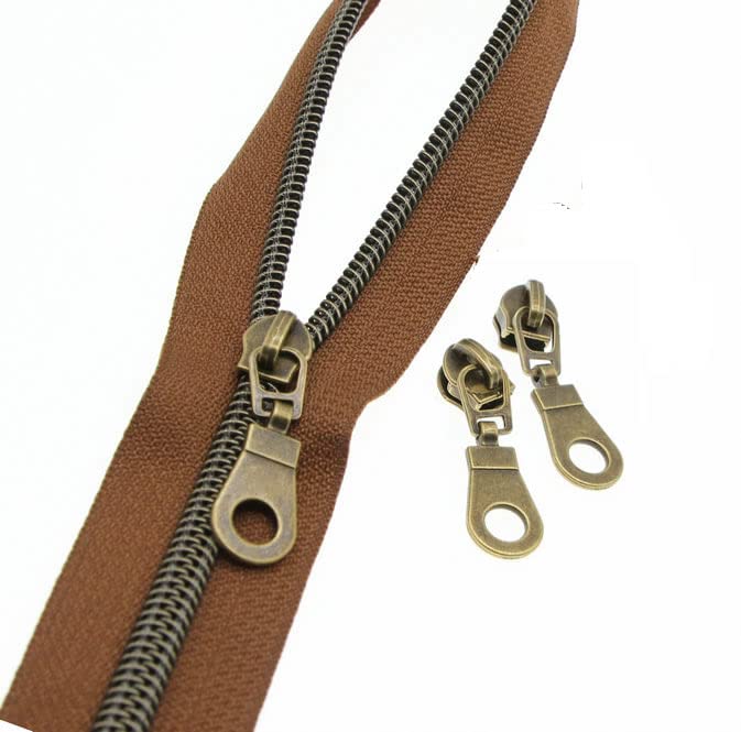 #5 Antique Brass Metallic Nylon Coil Zippers by The Yard Bulk Brown Zipper Tape 10 Yards with 25Pcs Pulls for DIY Sewing Craft Bags YIGUANXIN - color: Brown-Brass