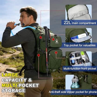 Hydration Backpack 22L, Hiking Backpack with 2L Leakproof Bladder, Sewn-in Rain Cover, Insulated Compartment for Men & Women Running, Cycling, Camping - color: Green