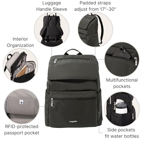 Baggallini Flap Laptop Backpack - 15"x11" Lightweight Work Travel Bag w/Luggage Sleeve & RFID - color: Charcoal