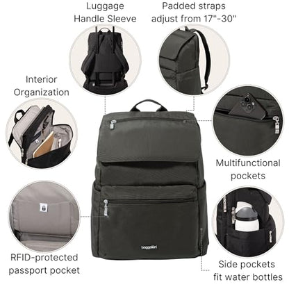 Baggallini Flap Laptop Backpack - 15"x11" Lightweight Work Travel Bag w/Luggage Sleeve & RFID - color: Charcoal