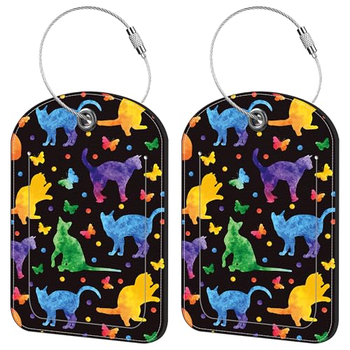 2 Pack Cute Luggage Tag for Suitcases Rainbow Cat Leather Luggage Tags with Stainless Steel Loop Privacy Flap Name Tags,Men and Women Travel Bag Suitcase Tags - color: Rainbow Cat