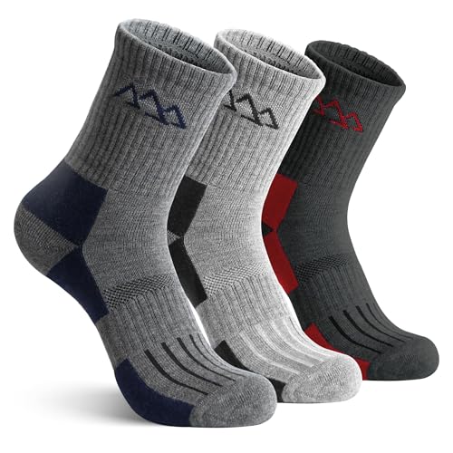 innotree Men's Merino Wool Hiking Socks 3 Pairs, Moisture Wicking Cushioned Breathable Crew Socks for Hiking Walking Trekking - color: Grey-brown,grey-white,black-red, size: Medium